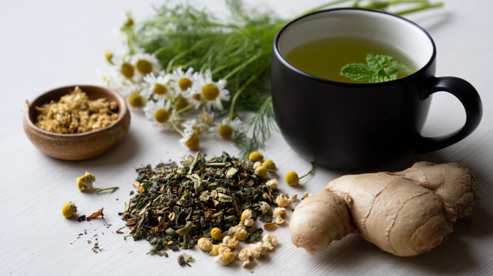 Herbal tea ingredients with ginger, chamomile, mint, and a green floral cup.