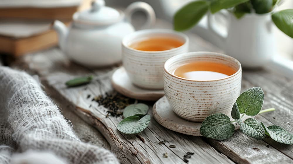 Two cups of herbal tea on a rustic wooden table with fresh sage leaves.