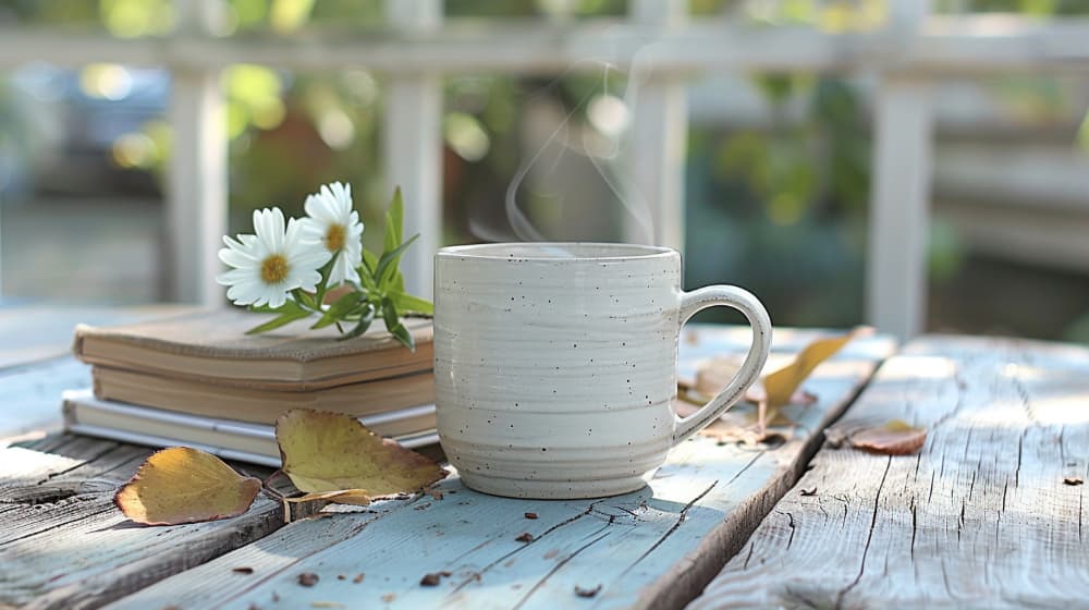 Steaming mug on rustic table with books, daisies, and autumn leaves.