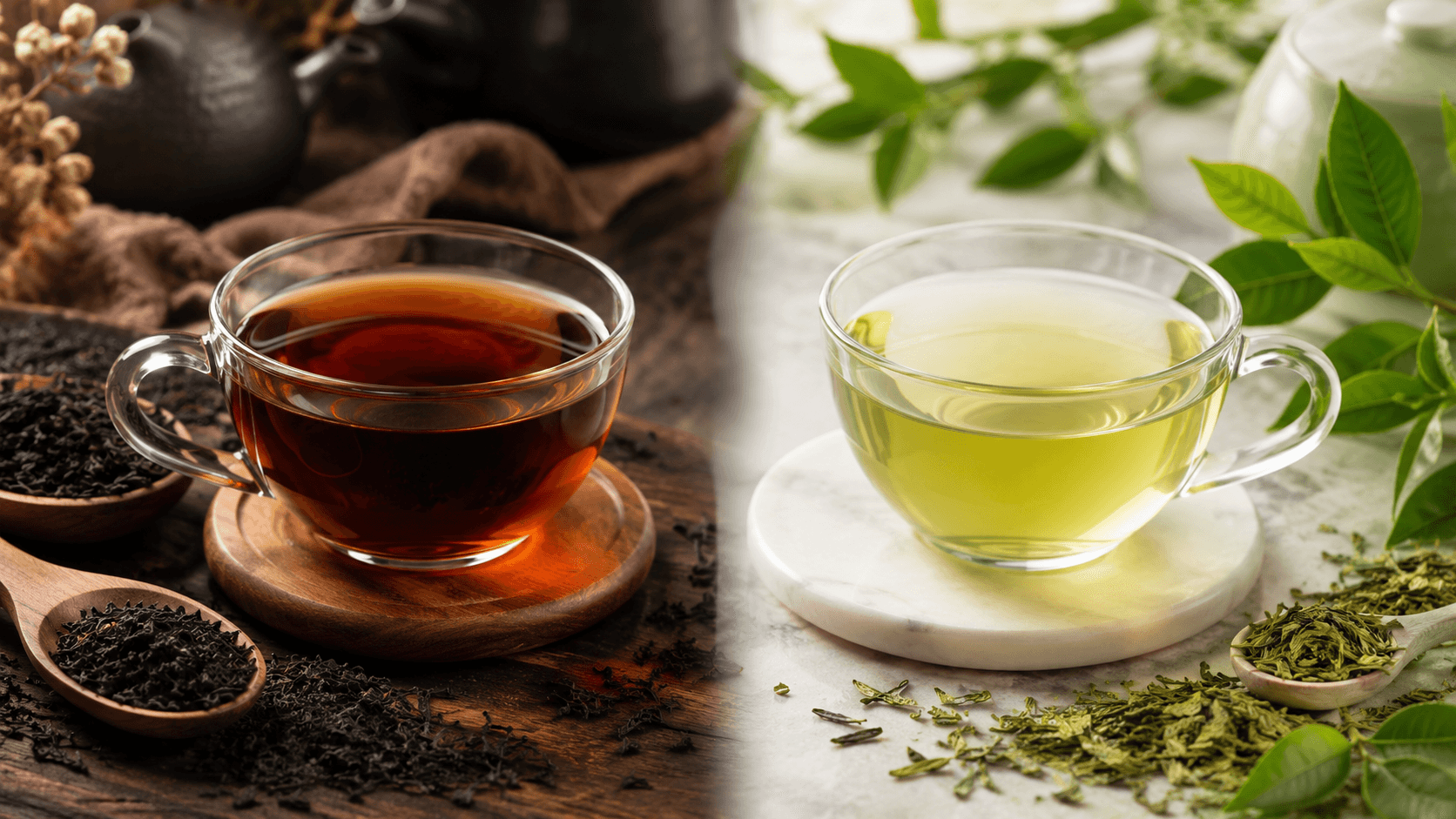Glass cups of black and green tea on wooden and marble surfaces, surrounded by tea leaves.