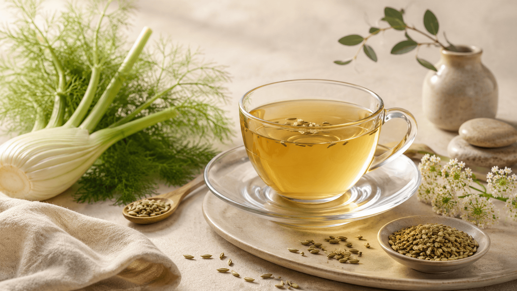 Glass cup of fennel tea with fennel seeds, fresh fennel bulb, and small vase on a beige surface.
