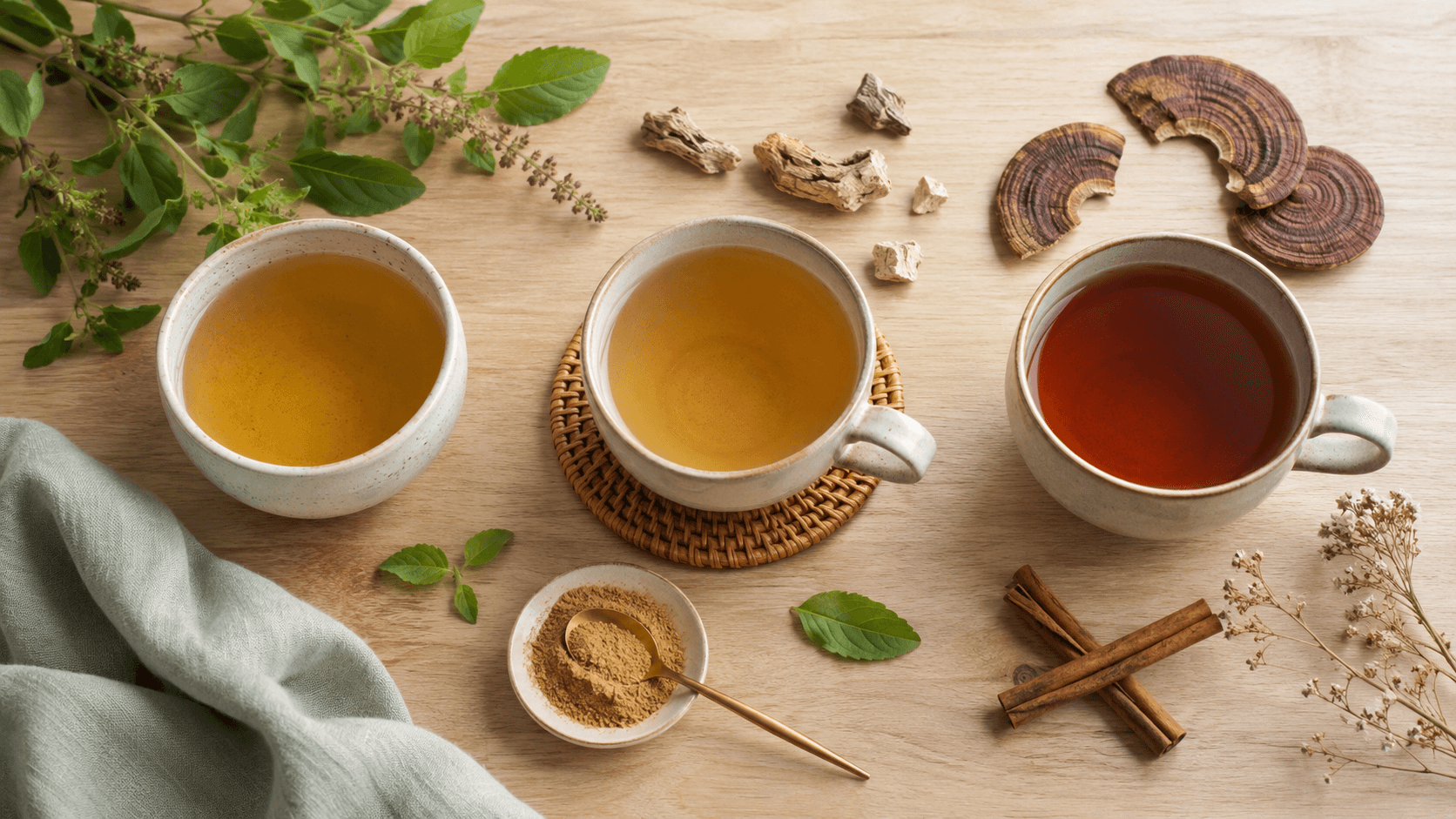 Three cups of herbal tea with fresh herbs, dried mushrooms, cinnamon sticks, and powdered spice on a wooden table.