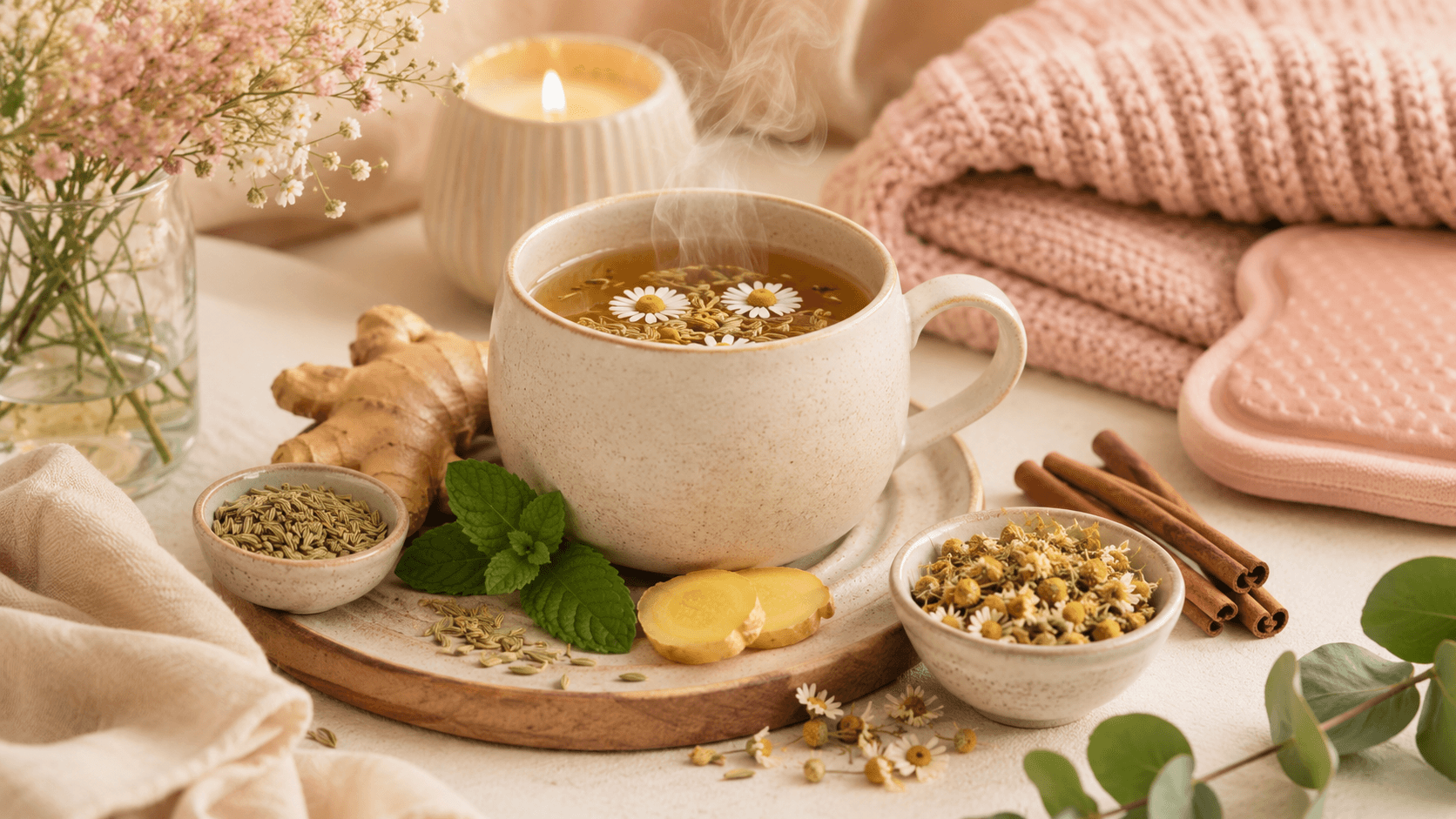 Steaming chamomile tea with ginger, fennel, and mint, surrounded by cozy decor and a lit candle.