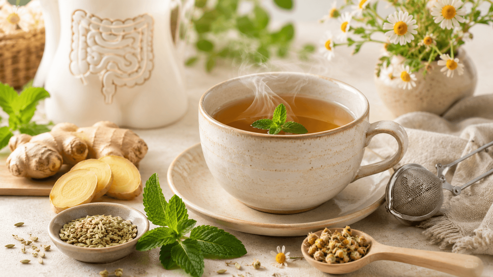 Steaming herbal tea with mint, ginger, fennel, and chamomile flowers on a wellness-themed table.