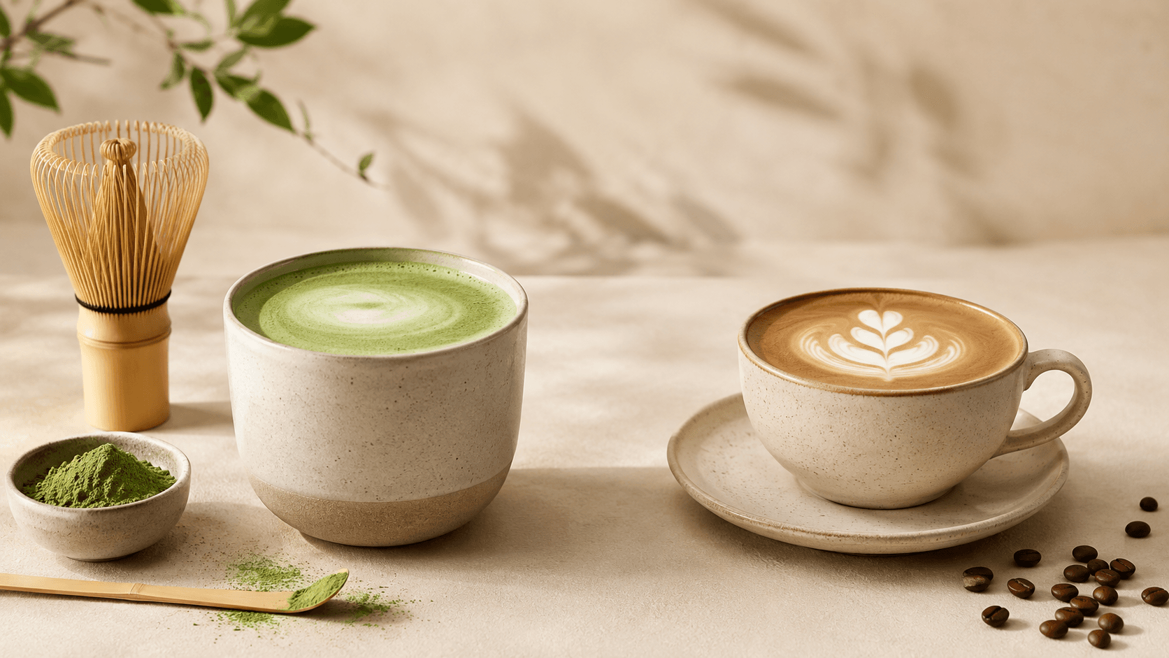 Matcha latte and cappuccino with latte art on a beige surface, whisk, and matcha powder nearby.