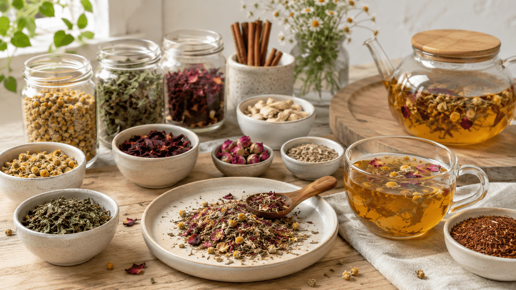 Herbal tea ingredients with a glass teapot and cup on a wooden table.