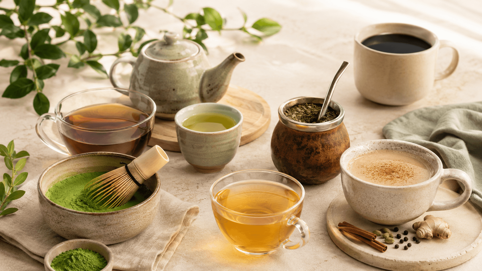 Assorted teas and accessories on a table, including matcha, herbal tea, and a teapot.