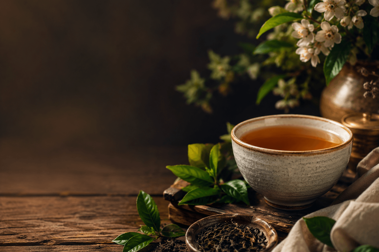 A serene tea ceremony setup with ceramic teapot and cups